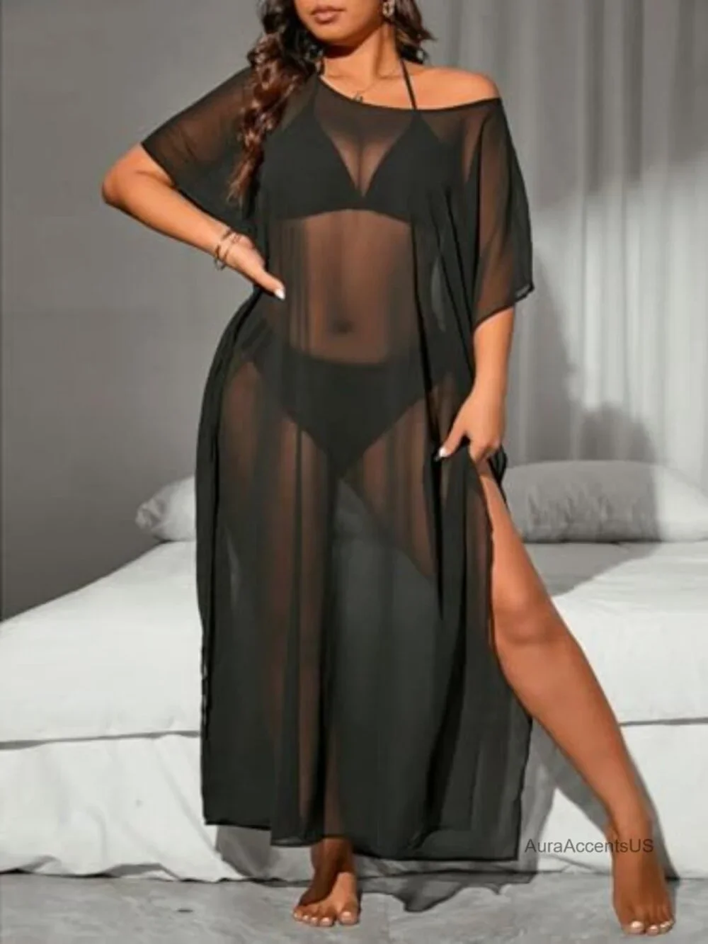 Plus Size One Shoulder Sheer Mesh Split Thigh Loose Coverup Dress Beach Swimwear
